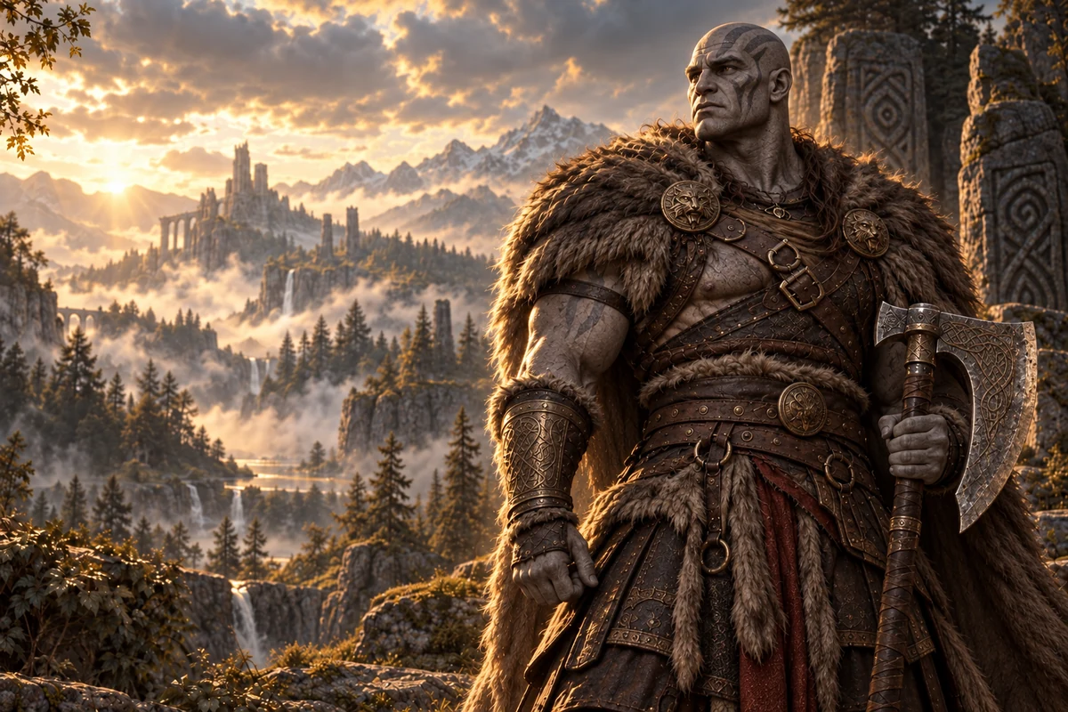 Un barbare goliath surplombant une vallée montagneuse et des ruines anciennes.