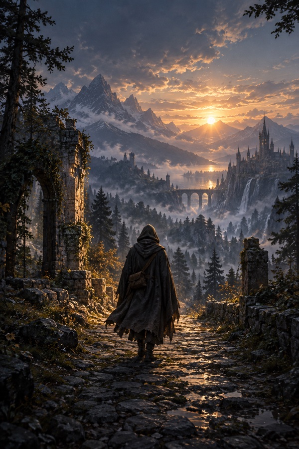 Un voyageur mystérieux face à un paysage ancien.